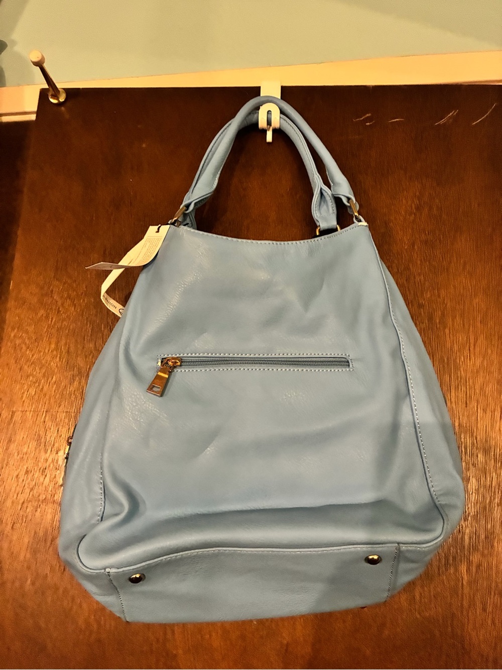 Soft Sky Blue Leather Shoulder Bag with Front Zip Pocket